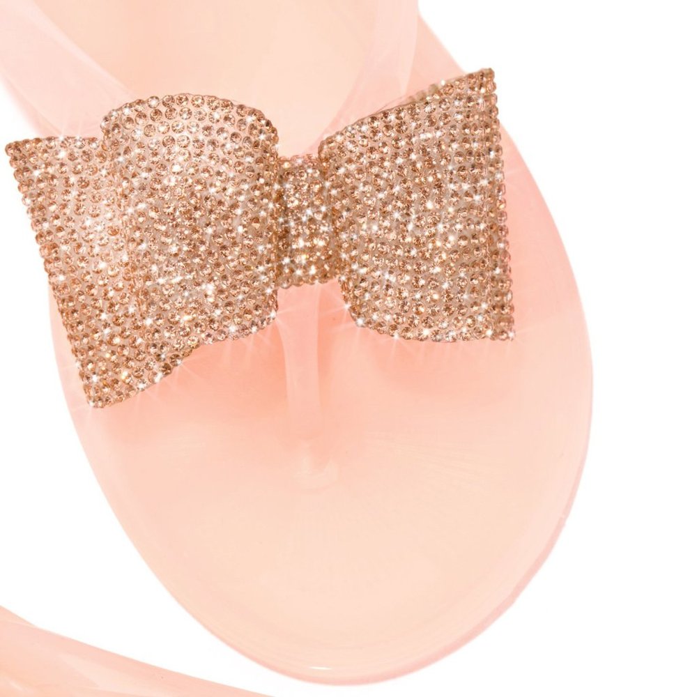 NEW🔥 Nude Thong Open Toe Diamante Rhinestone Bow Jelly Slide Sandal Flip Flops - Picture 8 of 9